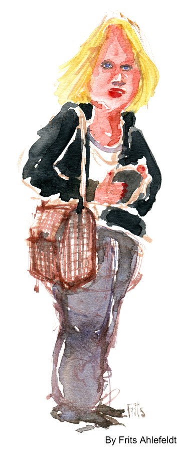 Blond woman standing with Bag. Watercolor