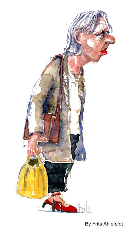 old woman with yellow bag, walking. Watercolor