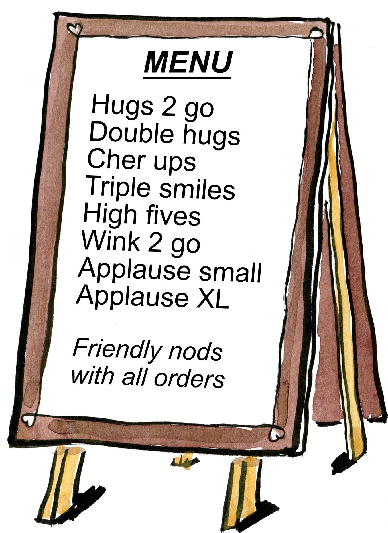 menu with hugs, winks, smiles and XL applause 2 Go