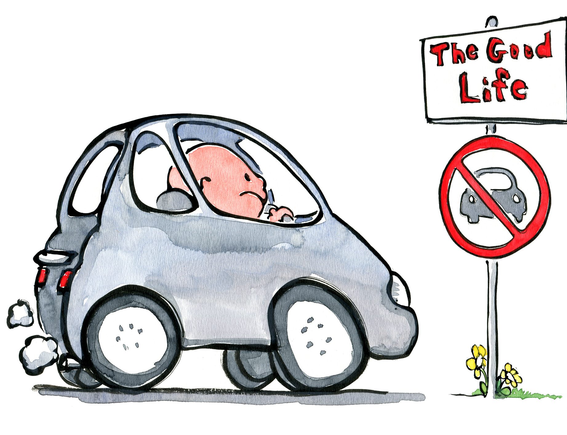 Illustration of a man sitting in his car looking out on the good life trail ahead