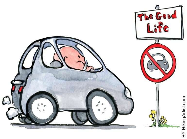 Illustration of a man sitting in his car looking out on the good life trail ahead