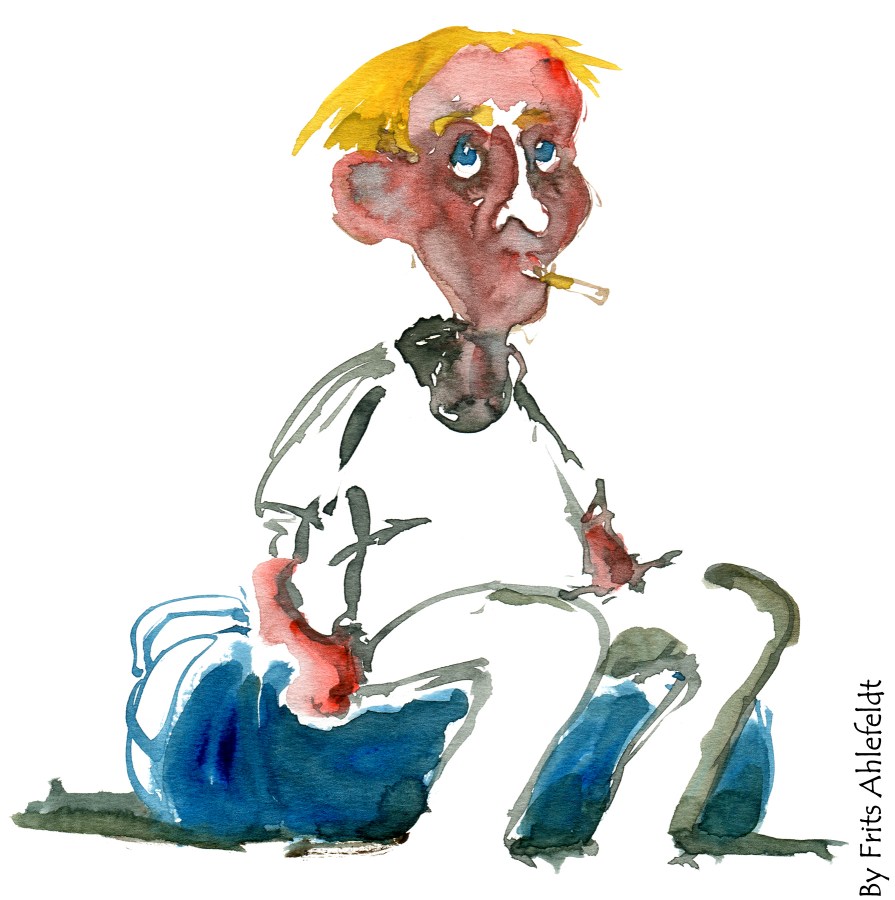 man sitting. yellow hair. Watercolor