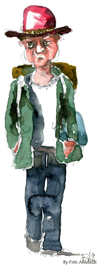 Man with red hat and Backpack. Watercolor