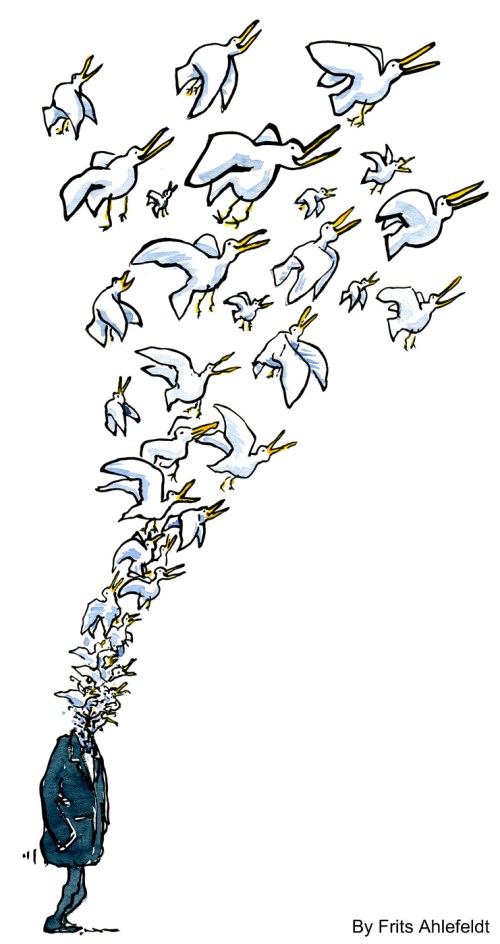 drawing of a man with a lot of birds