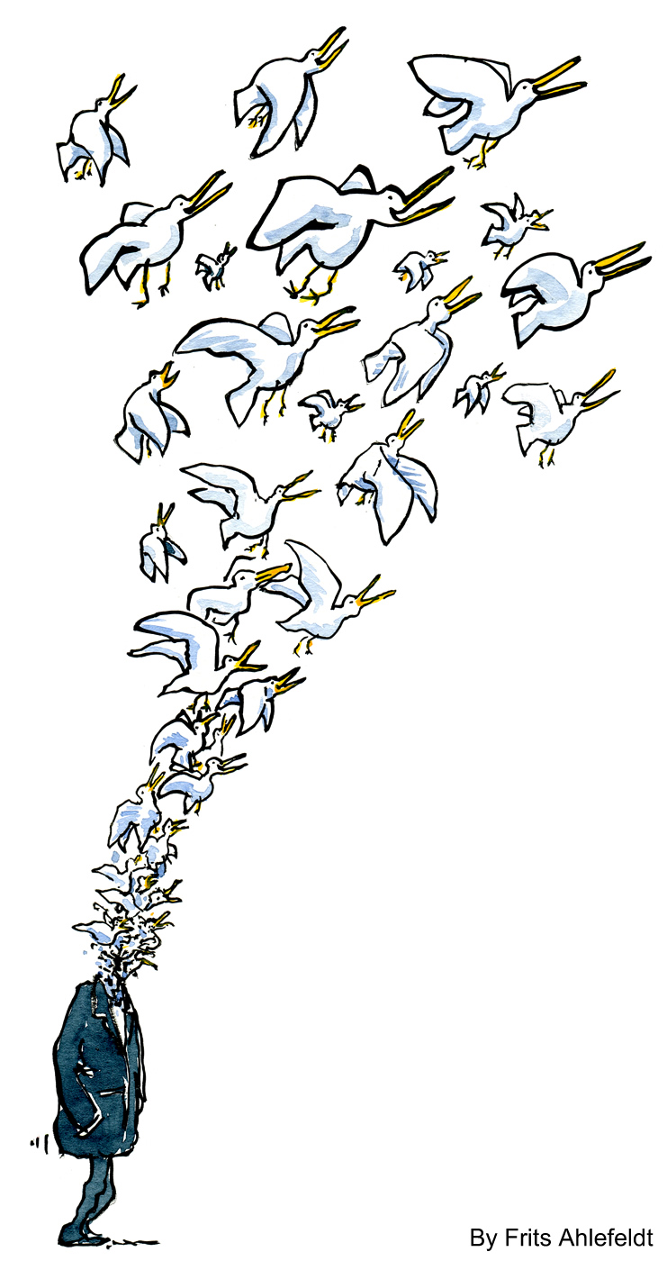 drawing of a man with a lot of birds