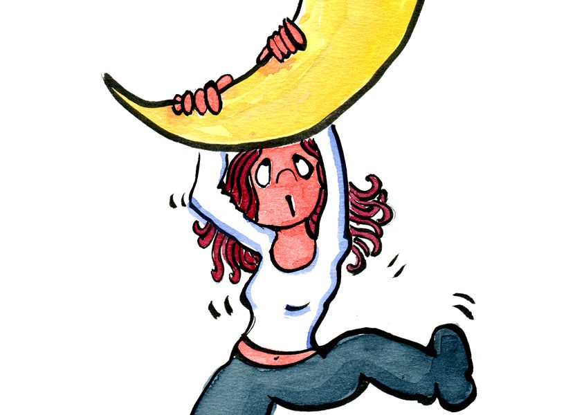 Drawing of a woman hanging on to the moon, watercolor and ink
