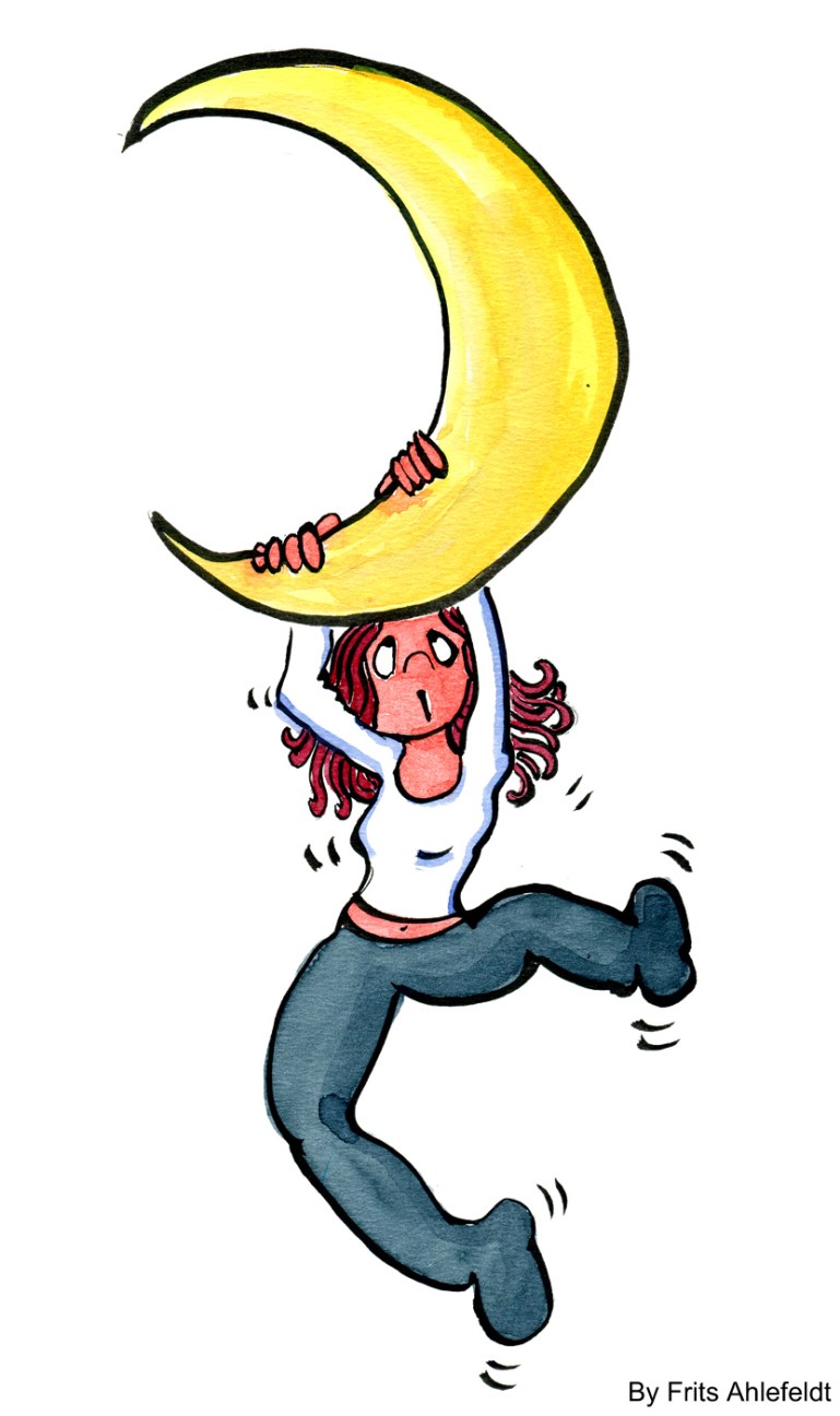 Drawing of a woman hanging on to the moon, watercolor and ink