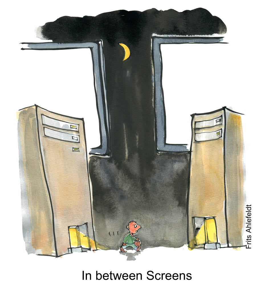 Drawing of a man walking between two computers with screens