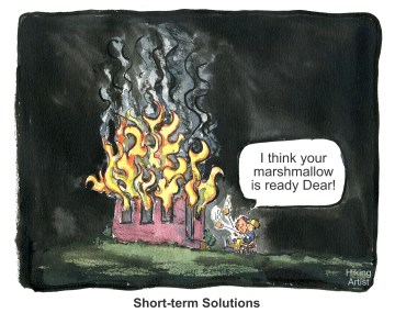 Drawing of a burning house and to people just watching it making mashmellows