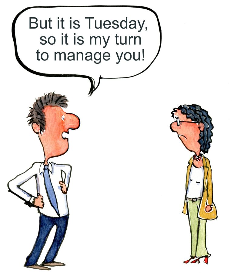 man and wife discussing management roles