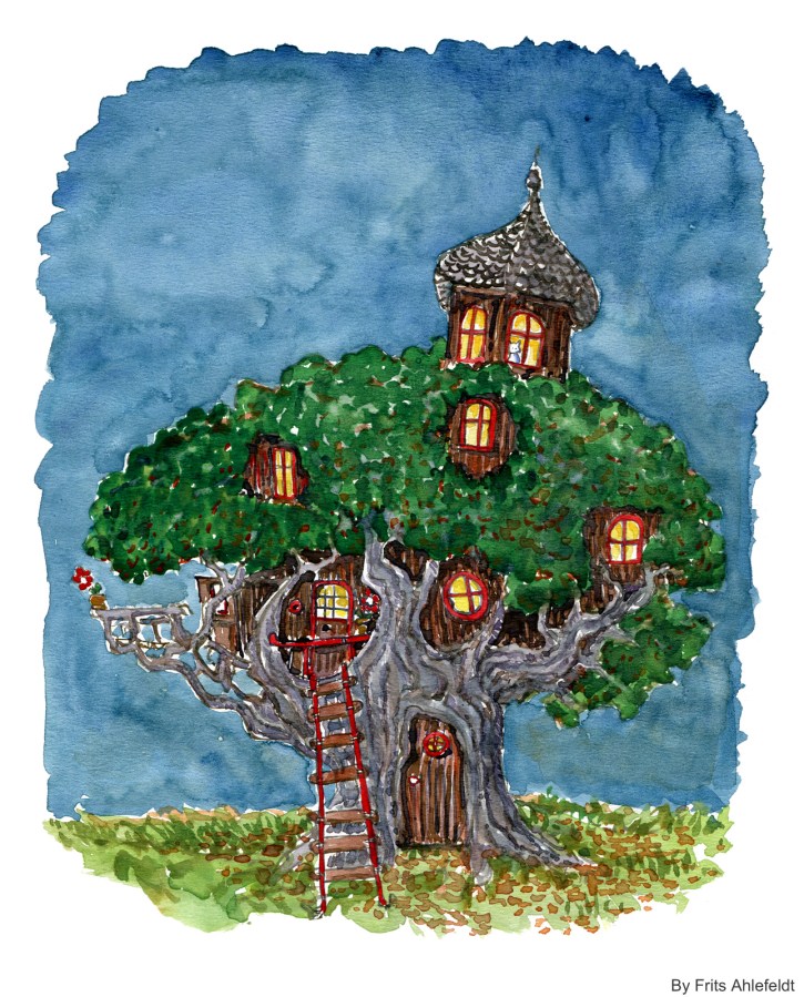 Drawing of a tree house with a cat