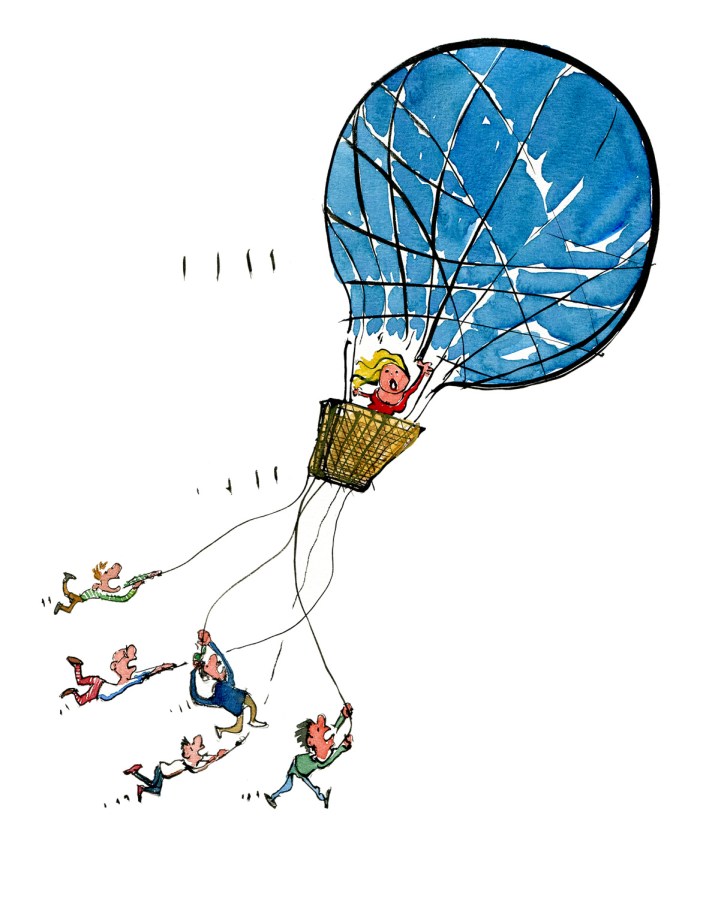 hot air ballon with brave men holding on to stop it from flying away with the girl