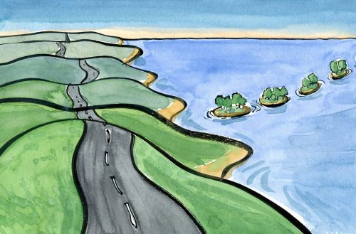 Drawing of a landscape with a highway and some stepping stones islands