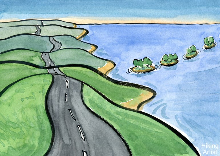 Drawing of a landscape with a highway and some stepping stones islands