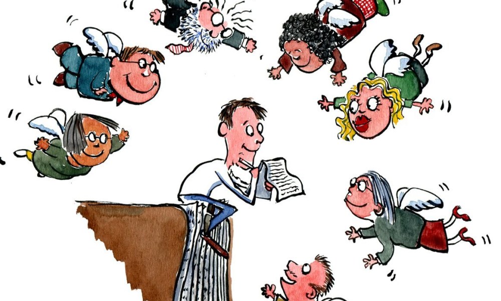 academic muses around a guy writing