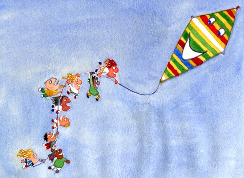 watercolor of kids holding on to a kite