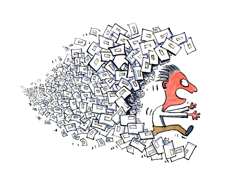 Drawing of a guy running with envelopes after him