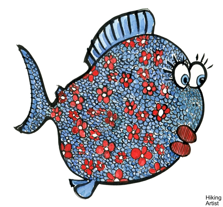 Drawing of a blue fish with red Flowers