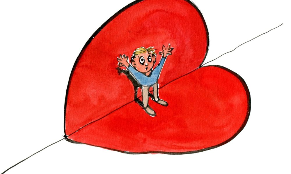 Drawing of a guy surrendering to love