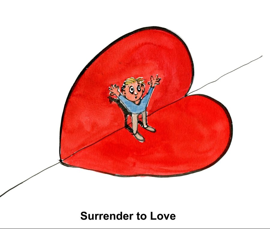 Drawing of a guy surrendering to love