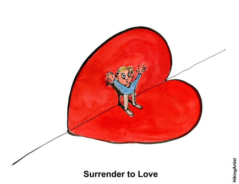 Drawing of a guy surrendering to love