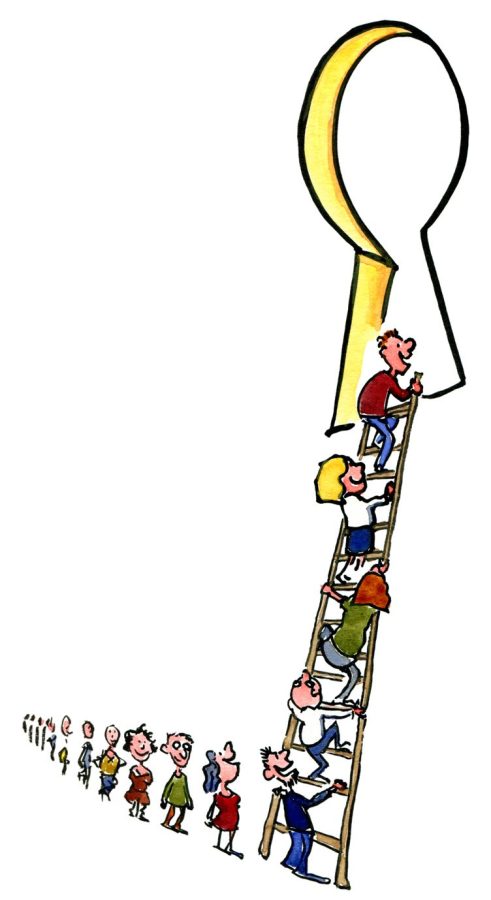 drawing of a keyhole with people reaching it