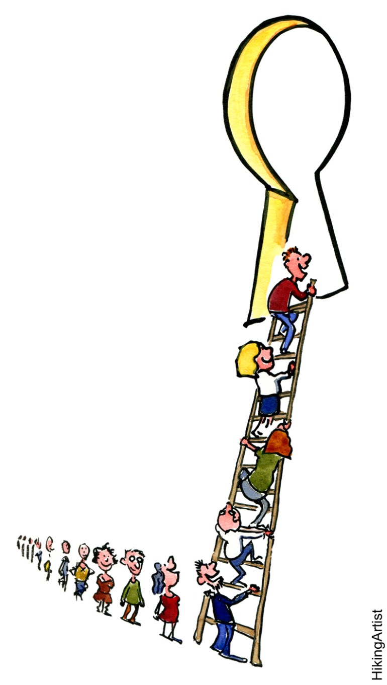 drawing of a keyhole with people reaching it