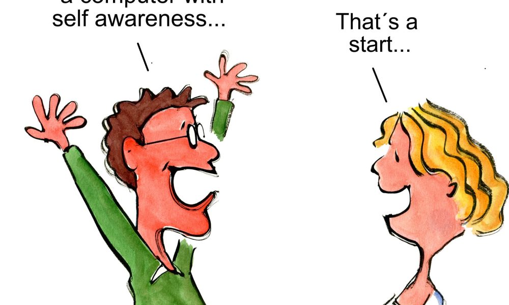 Computer man develop computer with self-awareness, god start says wife cartoon