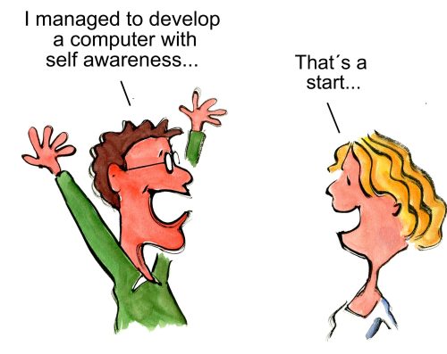 Computer man develop computer with self-awareness, god start says wife cartoon