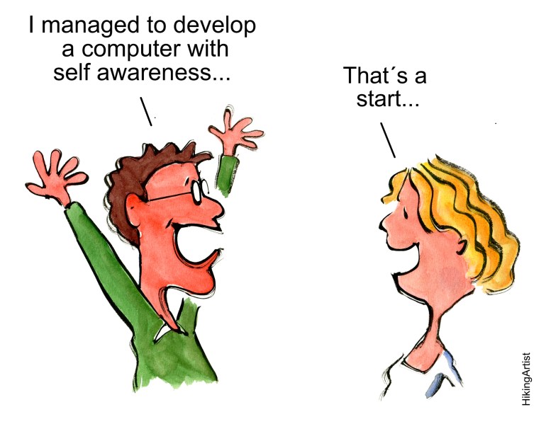 Computer man develop computer with self-awareness, god start says wife cartoon