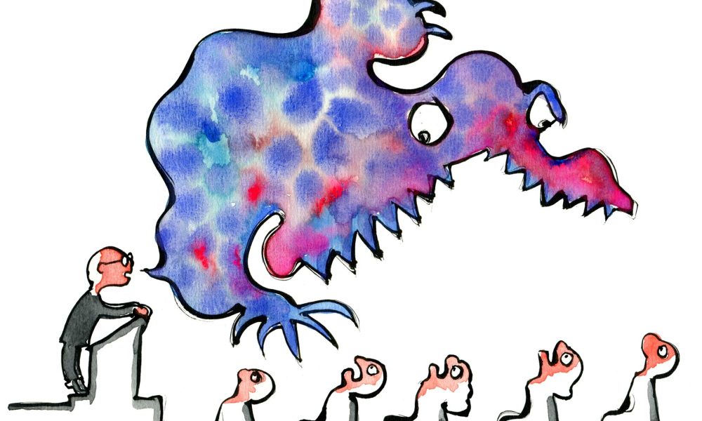 illustration of a speaker trying to monster scare people