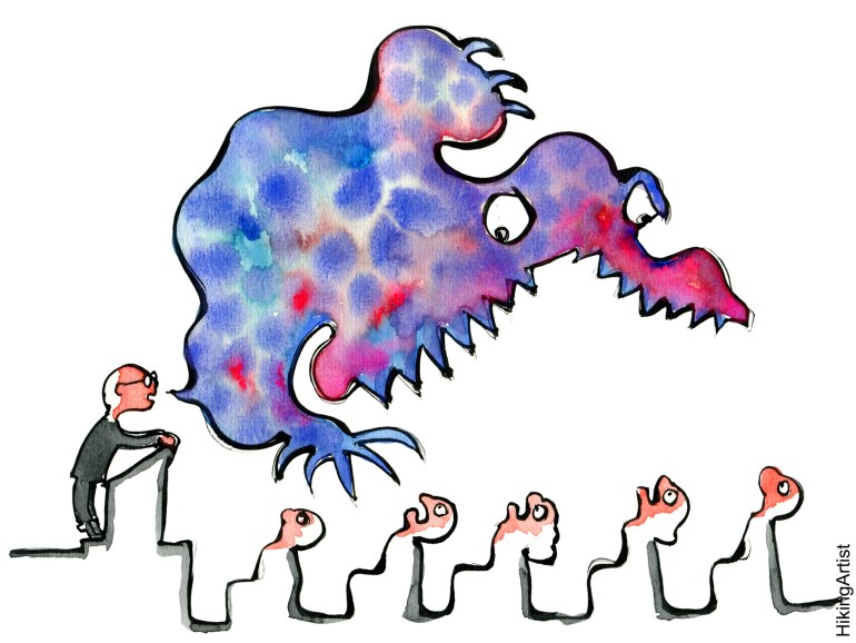 illustration of a speaker trying to monster scare people