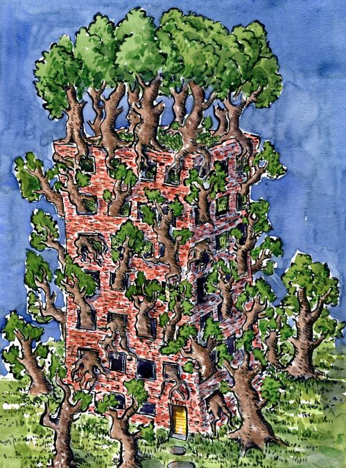 drawing of trees in a building