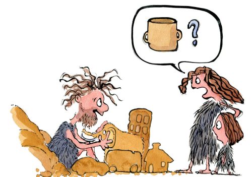 drawing of a woman asking for a mug