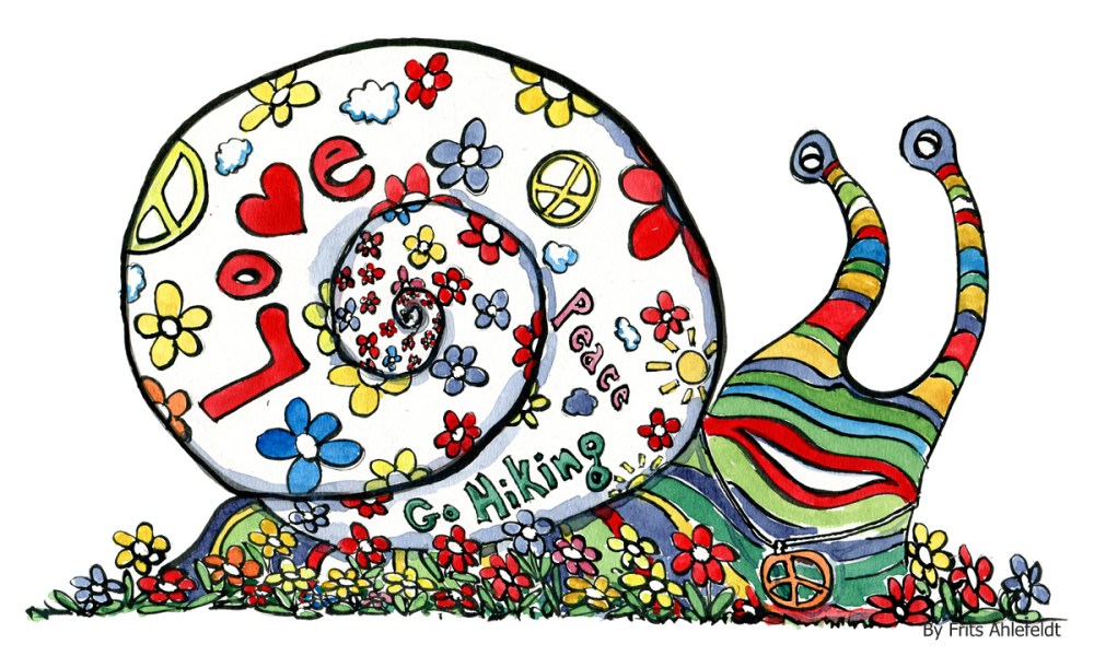 illustration of a snail with flowers, peace and love signs