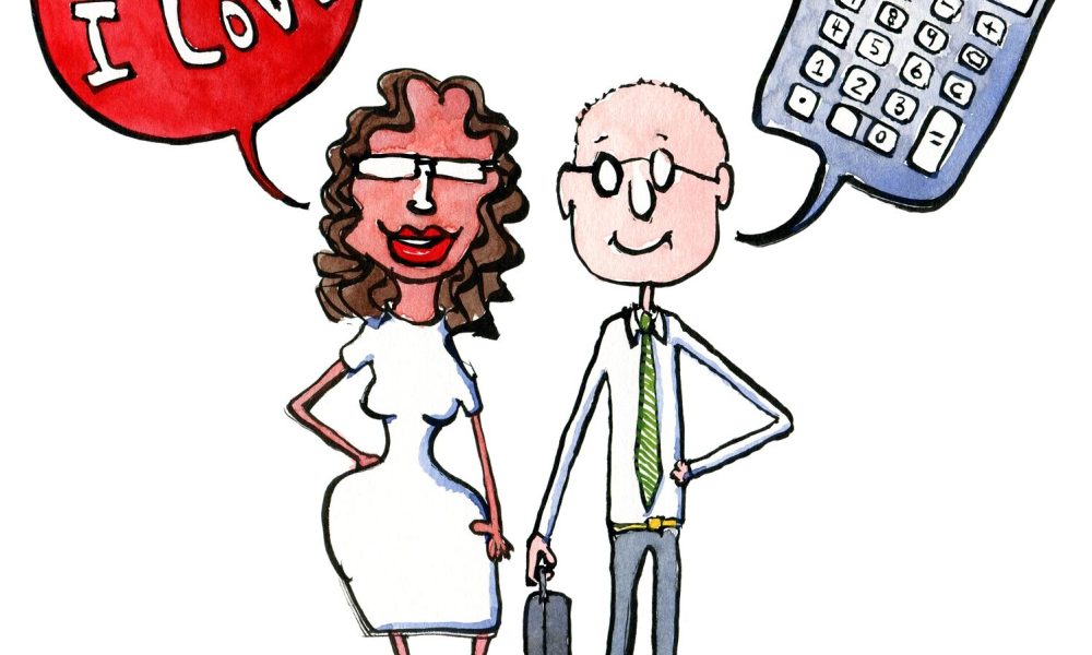 Drawing of a couple Girl Feeling, Guy Calculatiing