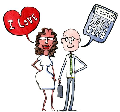 Drawing of a couple Girl Feeling, Guy Calculatiing