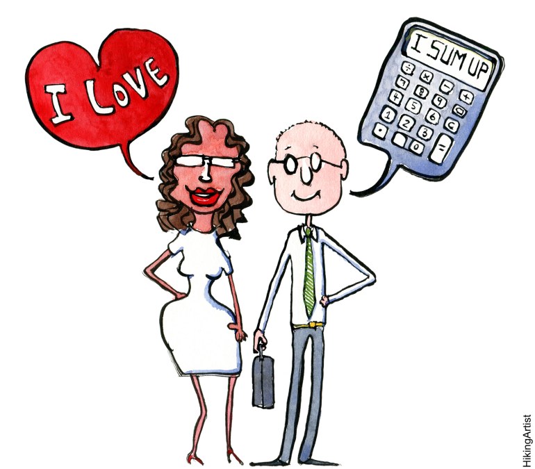 Drawing of a couple Girl Feeling, Guy Calculatiing