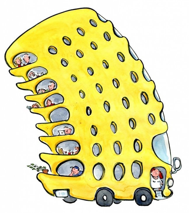 drawing of a yellow bus with multi decks