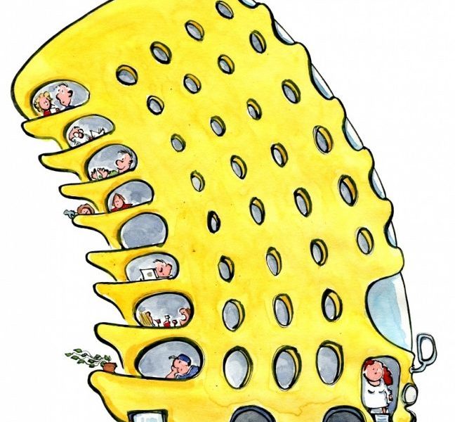 drawing of a yellow bus with multi decks