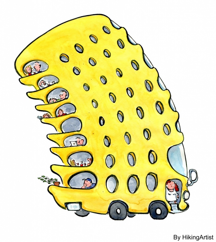 drawing of a yellow bus with multi decks