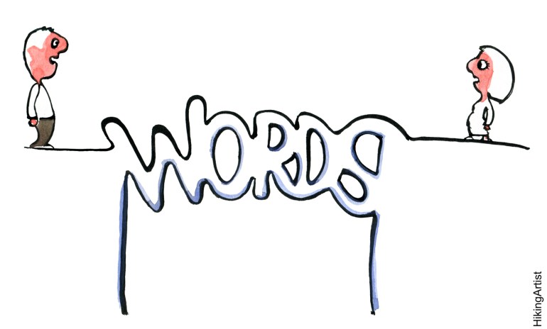 drawing of two people standing on each side of a word bridge