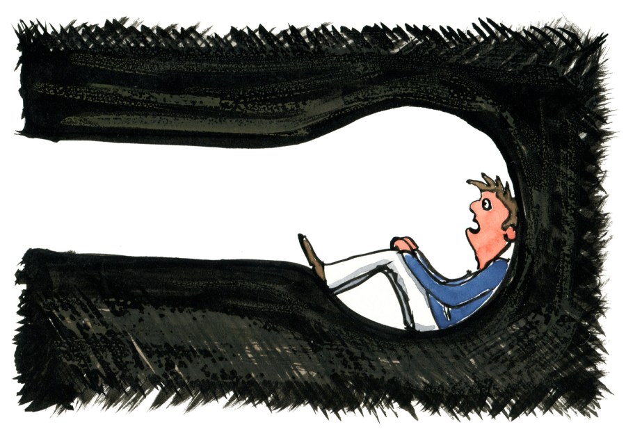 Man in a tunnel, looking out