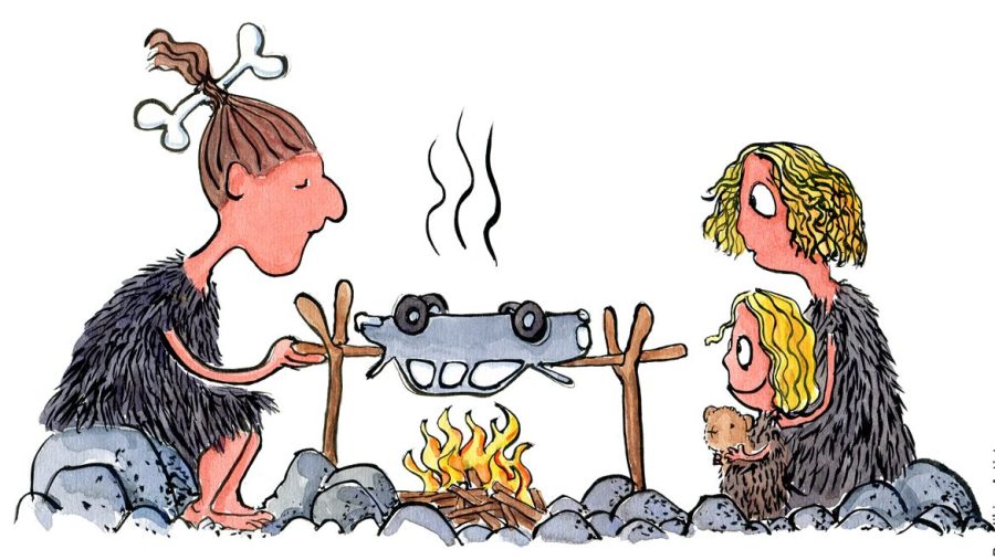 Two people trying to grill a car