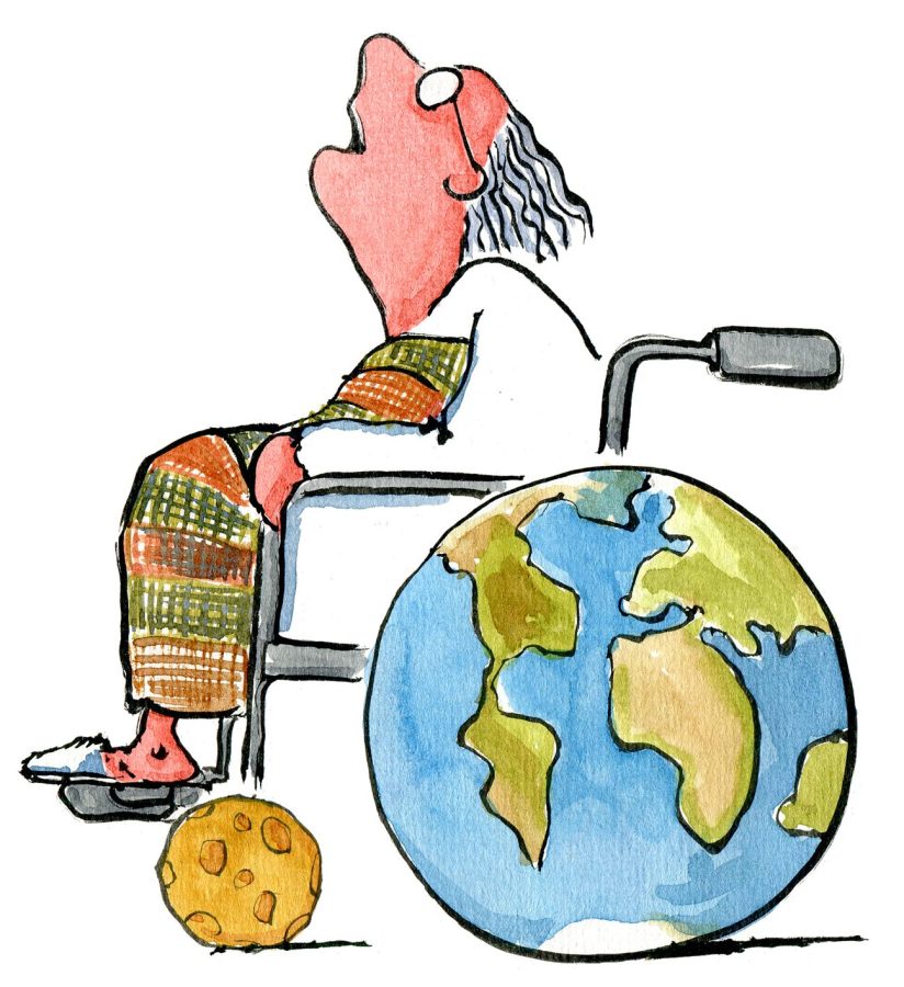 Scientist in earth wheelchair