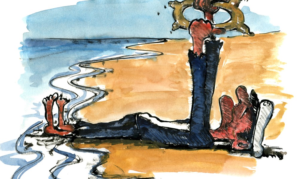 Beached sailor, still holding on to the steering wheel