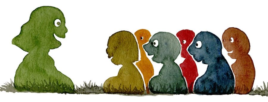 watercolor of a teacher with a group of kids outdoors