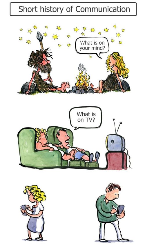 Drawing about communication, from looking at the stars, to the TV, to the Apps