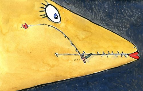 drawing of a very big fish that ate a fisherman