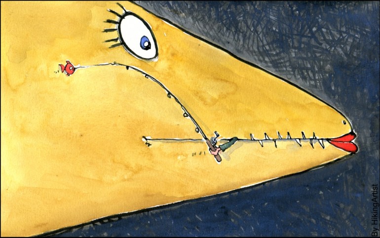 drawing of a very big fish that ate a fisherman